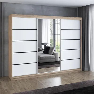 Produktbild von Schwebetürenschrank 200 cm, 3-türig, mit Spiegel & 4 Schubladen, Retro-Stil, Kleiderschrank VILUNO 2 in Sonoma / Weiß / Weiß