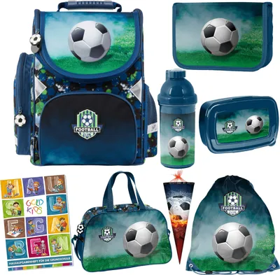 Produktbild von Schulranzen für Jungen - Schul-Rucksack für Kinder mit Federmäppchen - Schuhbeutel und Hausaufgabenheft - Fußball Motiv