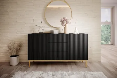 Zdjęcie produktu dla KOMODA NICOLE 150 cm CZARNY MAT GLAMOUR SZUFLADY PÓŁKI ZŁOTE NÓŻKI DO SYPIALNI