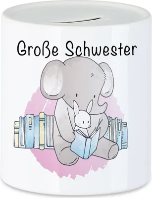 Produktbild von Große Schwester Spardose Süßes Motiv Elefant Hase Schwangerschaft Geschenkidee Baby-News