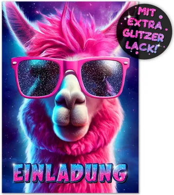 12 Glitzer-Lama-Einladungskarten für Kindergeburtstag