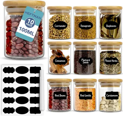 Produktbild von 100 ml Gewürzdosen – 10er-Set mit Bambusdeckel und luftdichtem Verschluss – Aufbewahrungsgläser aus Borosilikatglas für Gewürze, Kräuter, Tee, Kaffee, Reis und mehr –