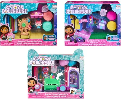 A collage of three Gabby's Dollhouse toy playsets, each featuring characters and accessories.