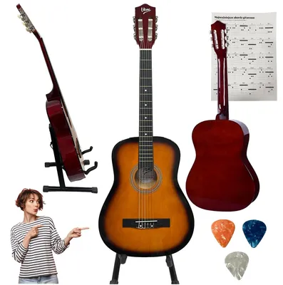 Image de Guitare classique V-TONE BCG, taille 4/4, finition sunburst, idéale pour les débutants, comprenant 3 médiators et un accordeur