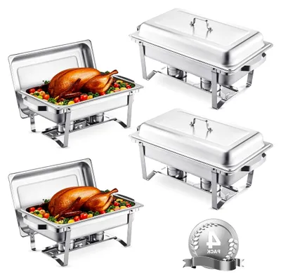Produktbild von Buffet-Wärmeset aus Edelstahl, 4-teilig mit 4 großen Pfannen (7,5 L), rechteckiger Catering-Wärmer mit Deckel, Wasserpfannenständer und Brennstoffhalter in Silber