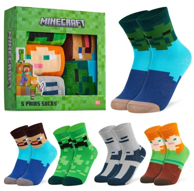 Produktbild von Minecraft Jungen Lustige Socken mit Motiv, Multipack – Geschenke für Kinder (Grünes Quadrat - 5er-Pack, EU 31-36)