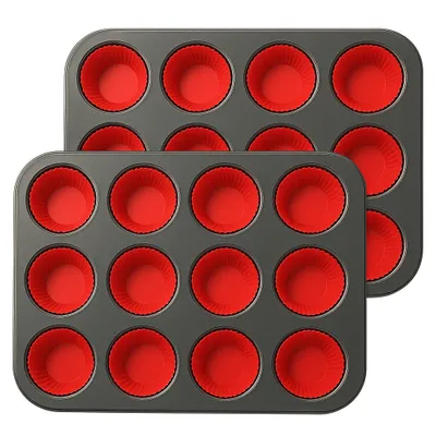 Produktbild von 2X 12er Backblech inkl. 24 Silikon wiederverwendbare Muffinförmchen Backform Muffinform für insgesamt 24 Muffins
