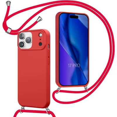 Image de Coque pour iPhone 17 Pro, Protection Silicone Liquide Souple Anti-Rayures avec Cordon Rouge