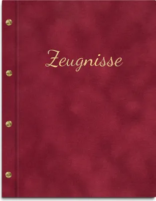 Produktbild von Zeugnismappe in rotem Samteinband mit hochwertiger Beschriftung in gold – handgefertigte Mappe für Zeugnisse inkl. 12 Sichthüllen