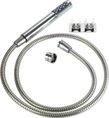 A chrome handheld shower head with a flexible hose and mounting hardware on a white background.