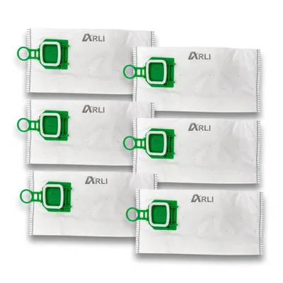 A stack of six vacuum cleaner bags, each with a green plastic attachment and the brand name 'ARLI' printed on it.