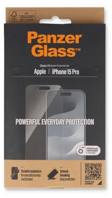 Produktbild von PanzerGlass ® Displayschutz iPhone 15 Pro | Classic Fit, Apple, Apple - iPhone 15 Pro, Trockene Anwendung, Kratzresistent, Schockresistent, Transparent, 1 Stück(e)