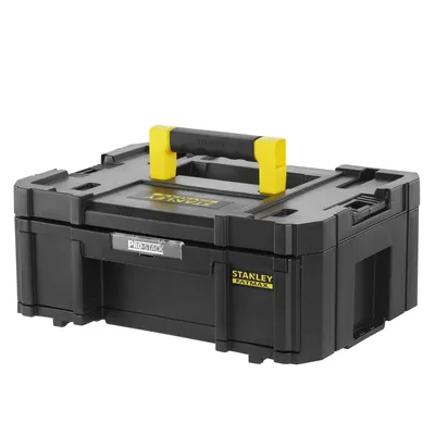 A black STANLEY FATMAX TSTAK tool box with a yellow handle is shown against a white background.