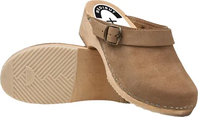 A pair of beige clogs made of wood and suede, shown from a side and underneath view.