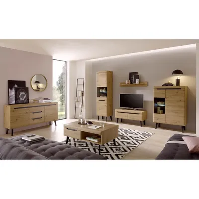 Produktbild von Wohnwand Komplett Set mit Couchtisch und Sideboard TIROL-61 skandinavisches Design in Eiche Artisan mit Schwarz