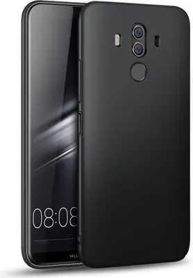 A black smartphone case is shown from the back and side, with the phone screen visible.