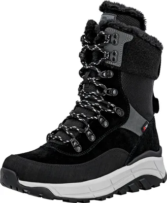A studio shot of a black winter boot.