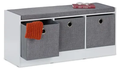 Aufbewahrungsbank mit 3 Stoffboxen, 46x102x32 cm, MDF, Weiß/Grau
