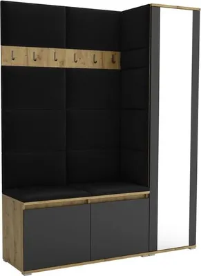 Produktbild von Garderoben-Set Noris VII mit Spiegel, gepolsterte Garderobe 145 cm, Flurmöbel mit Wandpaneelen, Schuhtruhen und Stauraum (Farbe: Artisan Eiche/Schwarz + Trinity 16)