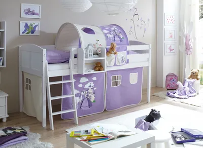 Produktbild von Hochbett "Eric" Country Kiefer Weiß Motiv (Horse (Lila))