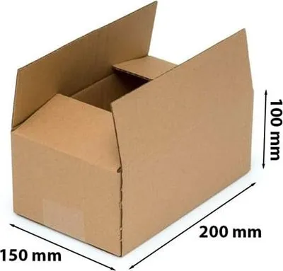 A cardboard box with dimensions indicated.