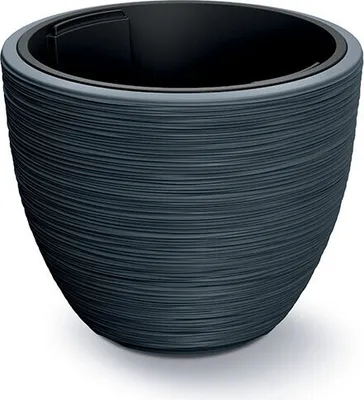 A dark gray, textured planter with a black inner pot, shown against a white background.