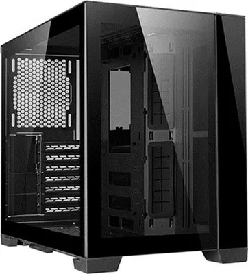 A black computer case with tempered glass panels.