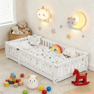 Obrázok produktu pre Detská postieľka INONEFT, spodná časť 80x160 cm, s ochranou proti vypadnutiu, s odnímateľným bočným zábradlím, Montessori postieľka, masívne drevo, bez matraca, biela