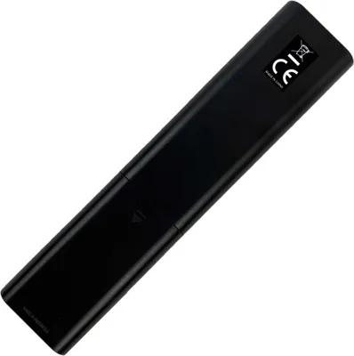 The back of a black TV remote control is shown against a white background.