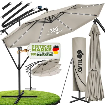 Produktbild von tillvex Alu Ampelschirm Taupe LED Solar Ø 300 cm mit Kurbel | Sonnenschirm mit An-/Ausschalter | Gartenschirm UV-Schutz Aluminium | Kurbelschirm mit Ständer Marktschirm wasserdicht