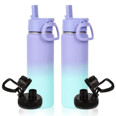 Immagine prodotto di Borraccia in acciaio inossidabile da 600 ml, a doppia parete, con isolamento sottovuoto, con cannuccia e manico, colore viola-blu, set da 2