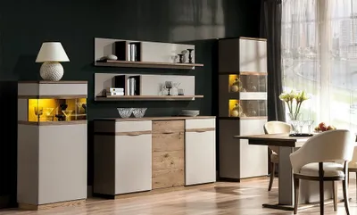 Obrázok produktu pre Kompletná jedáleň Dizajnérsky luxusný drevený príborník 2x Vitrínová súprava 5ks