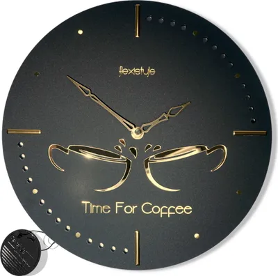 Produktbild von Küchenuhr Golden Cups, rundes, geräuschloses 3D-Zifferblatt in Schwarz, goldene Accessoires, geräuschloser Uhrwerk