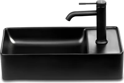Produktbild von Gäste WC Waschbecken SOHO 2.0 in 46 x 25 cm Keramik für Wandmontage oder Aufsatzwaschbecken mit Hahnloch in Schwarz Matt, Ausführung:Hahnloch Rechts