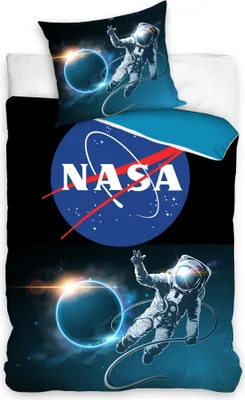A duvet cover and pillowcase set with a NASA astronaut theme.