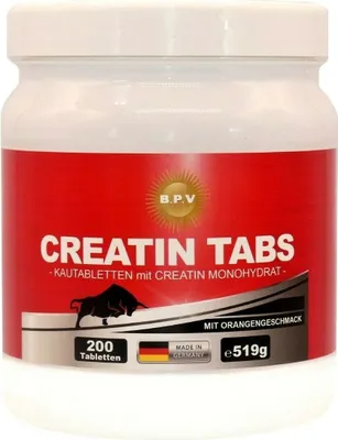 Produktbild von BPV- Creatin Taps - (200 Kautabletten) | Mit leckeren Orangengeschmack | Höchste Dosierung 4000 mg Tagesdosis | 100% hochwertiges Uitra-Feines Creatinmonohydrat | Optimal bei kurzen intensiven Belastungen | Steigert nachweislich die körperliche Leistungsfähigkeit | Auch zu finden unter der Kategorie: Maca, L-Arginin, Zinc, Guarana, Ginseng, Koffein, Creatin Monohydrat, BCAA, EAA, Aminosäuren, Kreatin, Testo Booster, Tribulus Terrestris, Vitamine, Mineralstoffe, Sporternährung, Supplements
