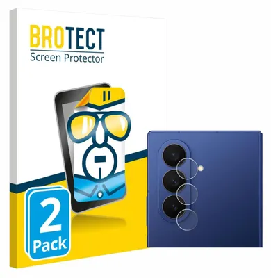 A product package for screen protectors, featuring a cartoon illustration of a phone with sunglasses and a separate image of a smartphone camera module with protective circles.