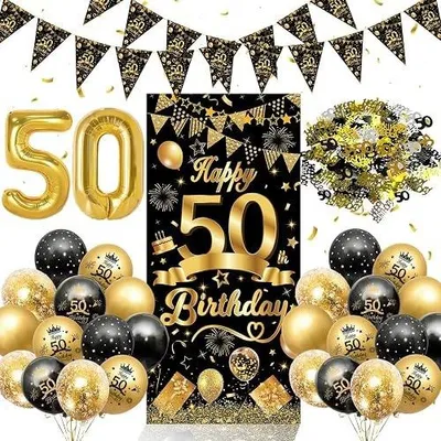 Zdjęcie produktu dla Dekoracje na 50. urodziny czarno złote balony baner konfetti zestaw