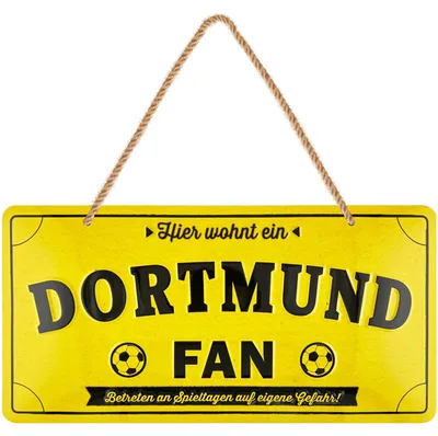 Produktbild von LANOLU Blechschild Hier wohnt ein Dortmund Fan, Retro Metallschild mit Jutelkordel, Geschenk für Männer zum Vatertag, 16x32 cm