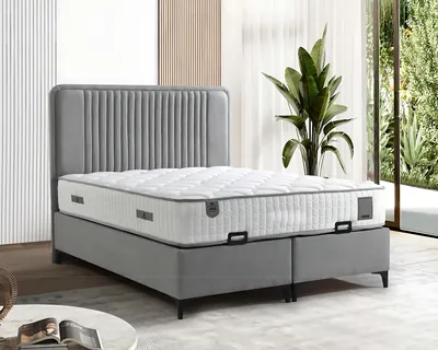 Produktbild von Elegantes graues Bett mit Matratze aus Textil und Holz