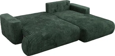 A green corduroy sectional sofa shown from a diagonal angle against a white background.