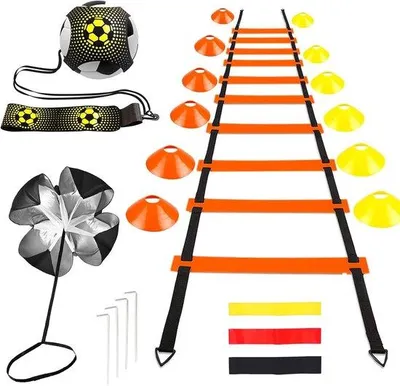 Produktbild von Fußballtraining-Zubehör-Set – Geschicklichkeitsleiter (6 m), Hütchen, Widerstandsbänder, Schnellparaschute und Ballführungsband