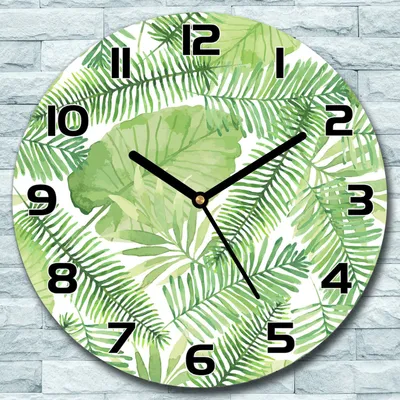 Produktbild von Wanduhr aus Glas Rund fi 30 Grüne Blätter Quarz Deko Wohnzimmer Büro