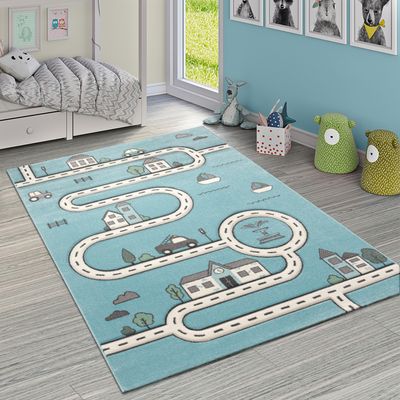 Kinderteppich Kinderzimmer Modern Lernteppich Straße Auto Haus Design In Blau Grösse 120x170 cm