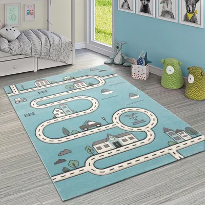 Produktbild von Kinderteppich Kinderzimmer Modern Lernteppich Straße Auto Haus Design In Blau Grösse 120x170 cm