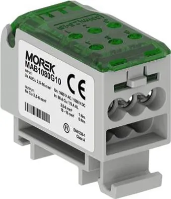 Produktbild von Verteilerblock grün 2x 2,5-16mm Aus: 6x 2,5-6mm 1000VAC/1500VDC Morek MAB1080G10