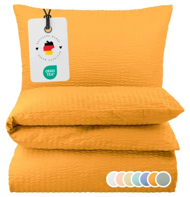 Produktbild von Seersucker Bettwäsche 135x200 Einfarbig Orange Uni gelbe Bettwäsche Sommer Bettbezug 135 x 200 - Bügelfrei