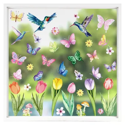 Produktbild von Aquarell Fensterbilder Frühling, 8 Blätter Selbstklebende Fensterbilder mit Blumen, Vögeln und Schmetterlingen, Doppelseitige Fenstersticker für die Frühlingsdekoration im Kinderzimmer