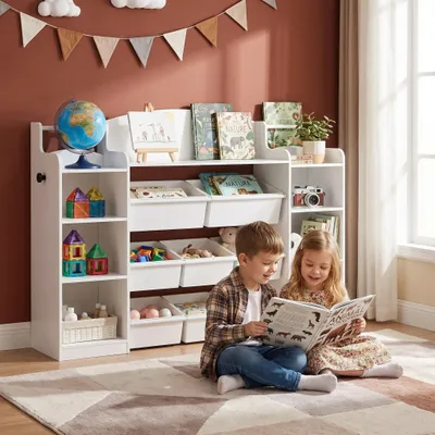 Produktbild von Spielzeugregal, Kinder Bücherregal, 8 Boxen, 30x140x104 cm, Weiß | Aus Holz, mit 8 Stoffboxen, für Kinderzimmer, Wohnzimmer, Arbeitszimmer