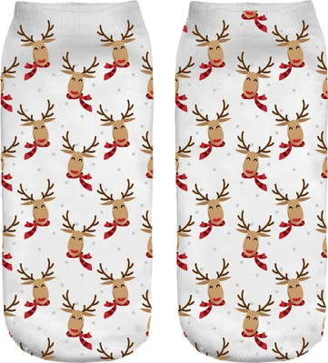 Produktbild von Weihnachtssocken, Sneaker, Sportsocken, Socken Damen, lustiges 3D-Motiv, Rentier & roter Schal [001]